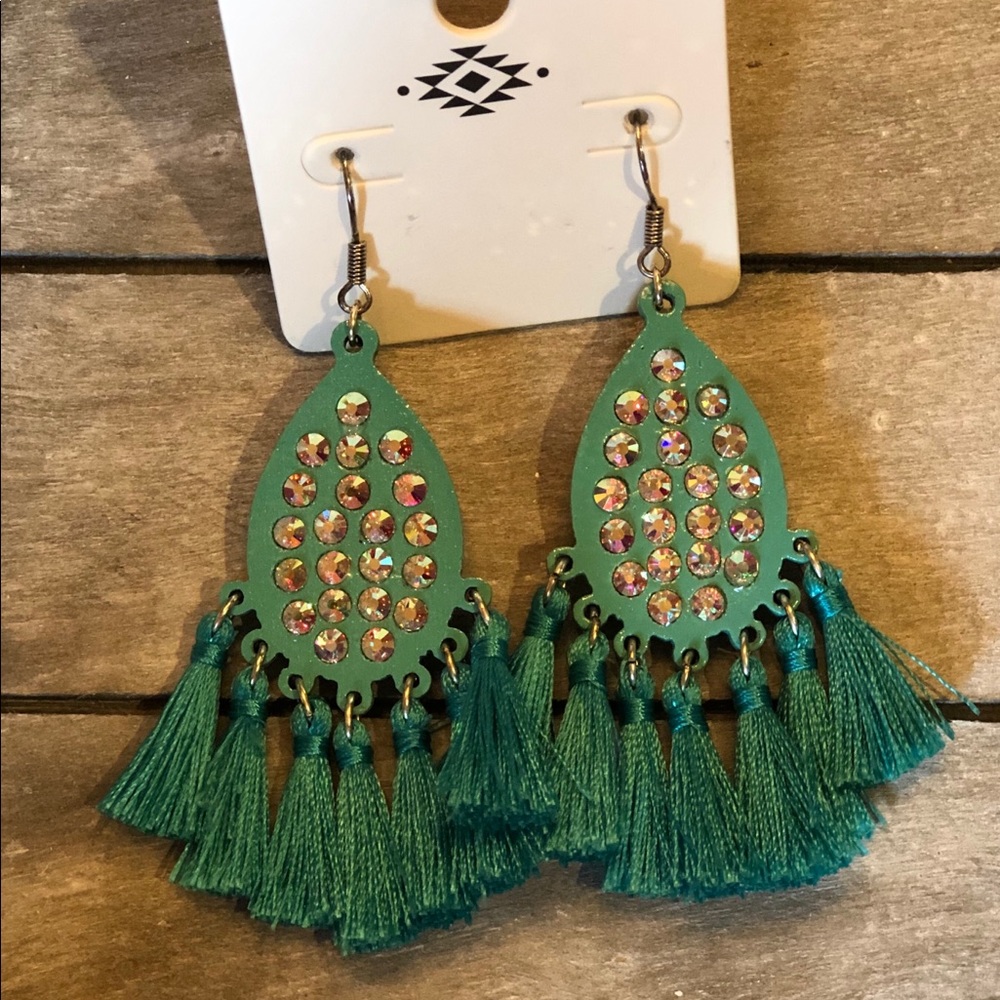 Turquoise wood and crystal earrings